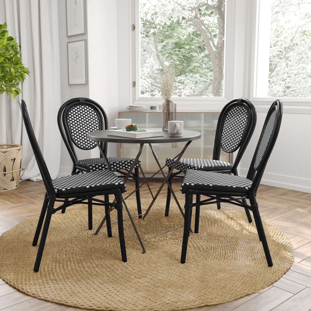 Merrick Lane Celia Set of Four Stacking Thonet Bistro Style Chair, PE Rattan Seat, and Metal Frame for Indoor/Outdoor Use